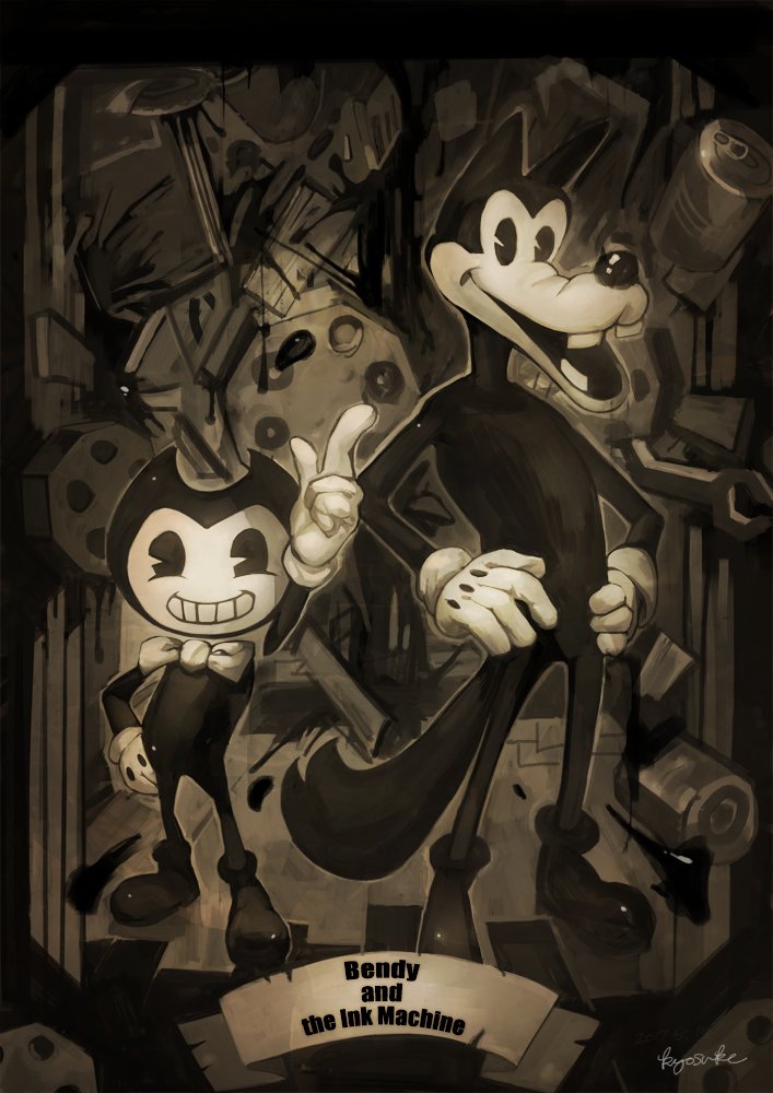 2017 anthro bendy bendy_and_the_ink_machine black_body black_fur boris bow_tie canine clothing demon fur gloves humanoid looking_at_viewer male mammal melchior301 simple_background smile wolf