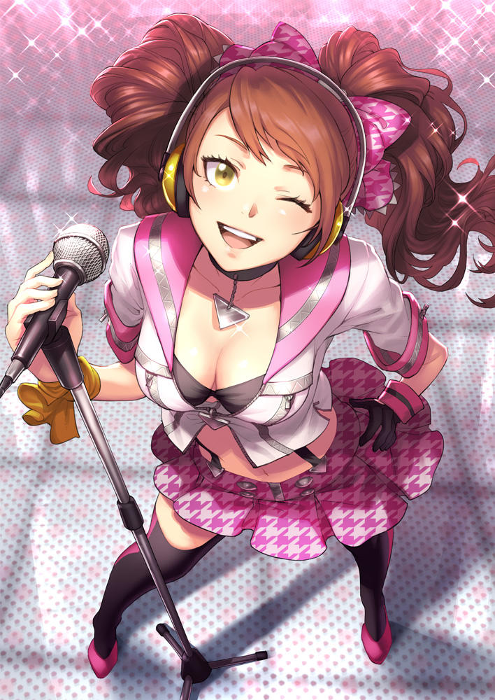 ;d bad_revision black_bra bow bra breasts brown_hair choker cleavage downscaled_revision from_above gloves hair_bow headphones kujikawa_rise looking_at_viewer md5_mismatch medium_breasts microphone microphone_stand midriff nekobayashi_(nekoforest) one_eye_closed open_mouth persona persona_4 persona_4:_dancing_all_night persona_dancing perspective single_glove skirt smile solo standing suspenders thighhighs twintails underwear