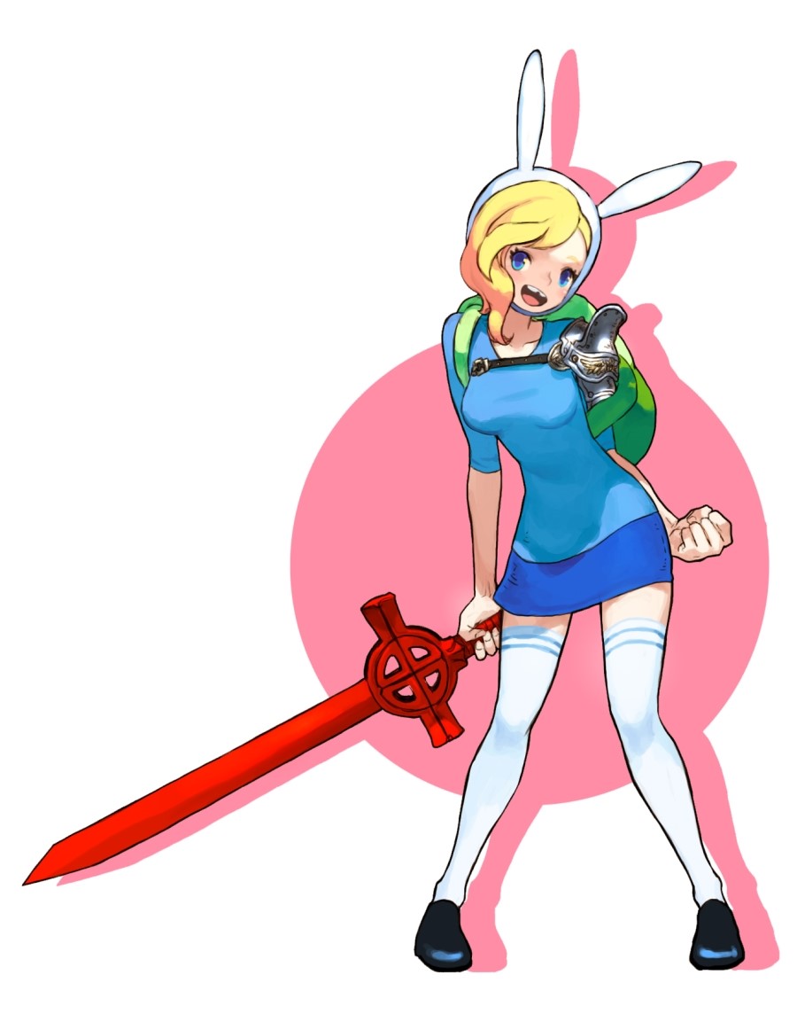 1girl adventure_time blonde_hair blue_eyes female fionna fionna_the_human_girl full_body hyang_seol pauldrons skirt solo sword thighhighs weapon