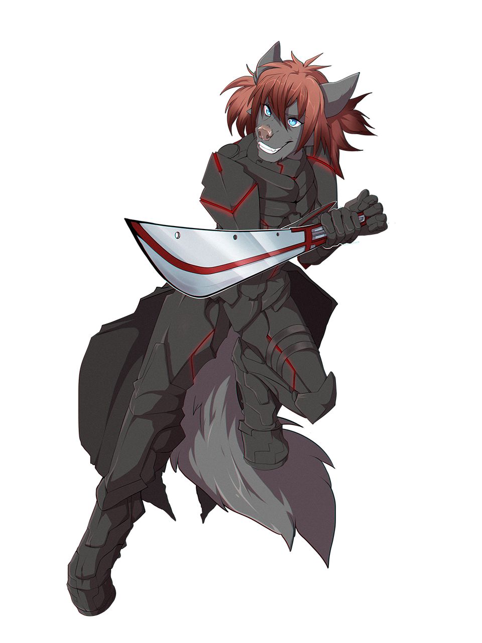 5_fingers anthro armor blue_eyes canine clothed clothing dog hair holding_object holding_weapon male mammal pink_nose red_hair rikitoka simple_background smile solo teeth weapon white_background
