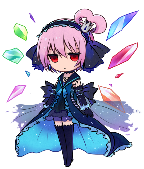1girl boots chibi choker crystal dress elbow_gloves frills gloves hairband kanonno_earhart pink_hair red_eyes short_hair tales_of_(series) tales_of_asteria tales_of_the_world_radiant_mythology_2 thigh_boots