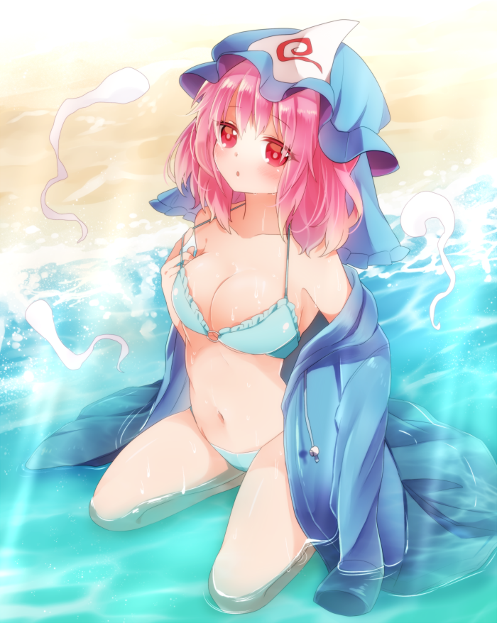 :o alternate_costume armpits beach bikini blue_bikini blush breasts cleavage closed_mouth collarbone commentary eyebrows_visible_through_hair fukurahagi_uomaru full_body hat hitodama jacket looking_at_viewer medium_breasts mob_cap navel off_shoulder open_clothes open_jacket outdoors pink_hair pulled_by_self red_eyes saigyouji_yuyuko seiza short_hair sitting solo stomach strap_pull sunlight swimsuit touhou triangular_headpiece water wet