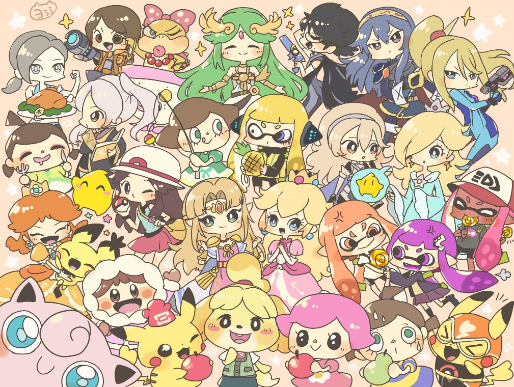 animal_ears armor bare_shoulders bell bike_shorts black_hair black_shorts blonde_hair blue_(pokemon) blue_cape blue_eyes blush blush_stickers breasts brown_hair candy cape chiko_(mario) creatures_(company) crown dog dog_ears dog_girl dog_tail domino_mask doubutsu_no_mori dress earrings eyes_closed fangs female_my_unit_(fire_emblem:_kakusei) female_my_unit_(fire_emblem_if) fire_emblem fire_emblem:_kakusei fire_emblem_if food furry game_freak gen_1_pokemon gen_2_pokemon gloves green_eyes green_hair hair_ornament hair_over_one_eye hairband hat ink_tank_(splatoon) inkling jewelry jigglypuff kid_icarus long_hair long_sleeves lucina mamkute mario_(series) mask metroid mole multiple_girls my_unit_(fire_emblem:_kakusei) my_unit_(fire_emblem_if) nintendo one_eye_closed open_mouth paint_splatter palutena pichu pikachu pikachu_libre pointy_ears pokemon pokemon_(creature) pokemon_(game) pokemon_frlg pokemon_special pokken_tournament ponytail porkpie_hat princess_daisy princess_peach princess_zelda red_skirt ribbon rosetta_(mario) samus_aran shirt shizue_(doubutsu_no_mori) shoes short_hair shorts sidelocks simple_background single_vertical_stripe skirt smile sneakers splatoon splatoon_(series) splatoon_1 splatoon_2 splattershot_(splatoon) squid squidbeak_splatoon super_mario_bros. super_mario_galaxy super_smash_bros. super_smash_bros._ultimate super_soaker t-shirt tail tentacle_hair the_legend_of_zelda the_legend_of_zelda:_breath_of_the_wild the_legend_of_zelda:_ocarina_of_time tiara topknot twintails villager_(doubutsu_no_mori) wand weapon wendy_o._koopa white_hair wii_fit wii_fit_trainer wristband yoshishi_(yosisitoho) zero_suit