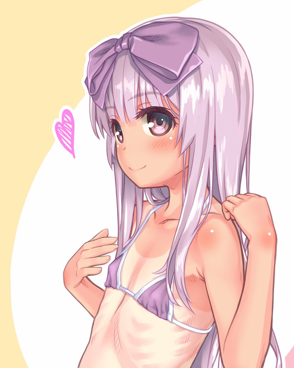 3.1-tan aoi_kumiko bikini blush bow commentary_request eyebrows_visible_through_hair eyes_visible_through_hair flat_chest hair_bow heart highres long_hair micro_bikini one-piece_tan os-tan pink_eyes purple_bikini purple_hair ribs smile solo swimsuit tan tanline upper_body