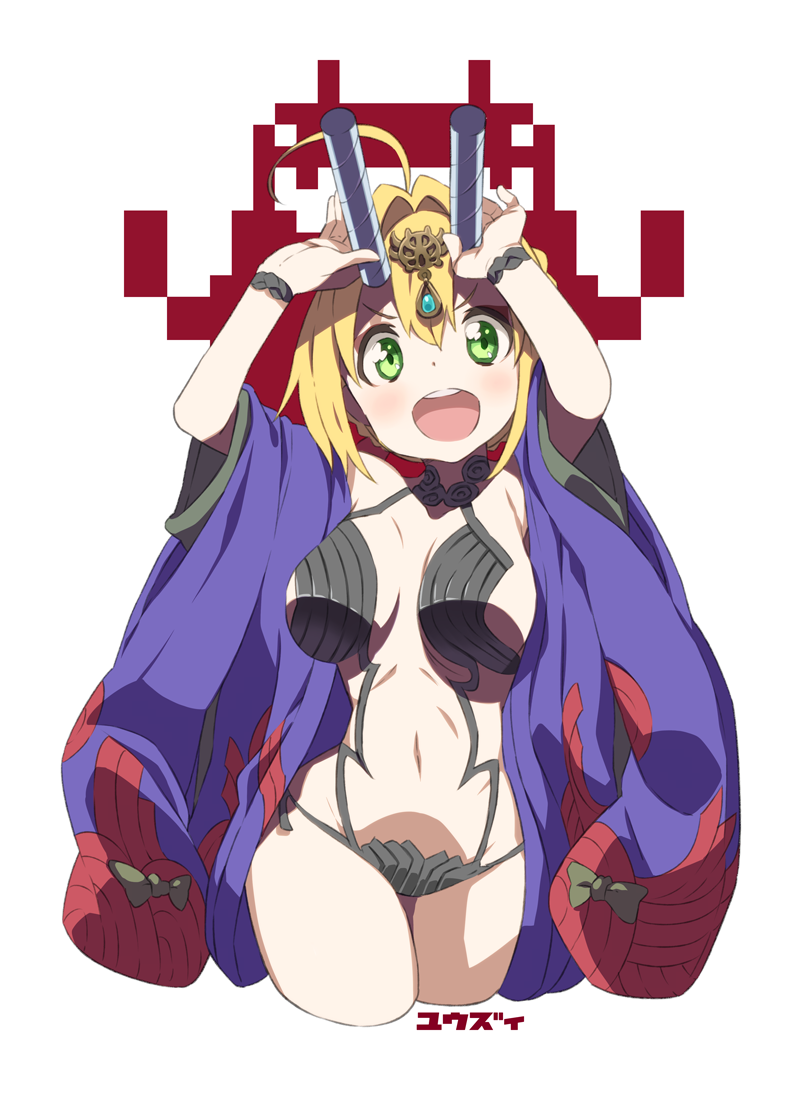 :d ahoge arms_up blonde_hair blush braid breasts commentary cosplay cowboy_shot cropped_legs fake_horns fate/extra fate/grand_order fate_(series) green_eyes hair_bun japanese_clothes kimono large_breasts looking_at_viewer navel nero_claudius_(fate) nero_claudius_(fate)_(all) open_mouth shuten_douji_(fate/grand_order) shuten_douji_(fate/grand_order)_(cosplay) simple_background smile solo thigh_gap upper_teeth v-shaped_eyebrows white_background yuuzii