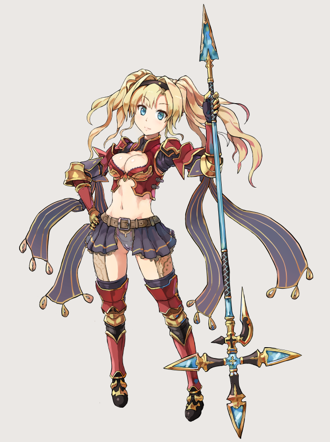 belt blonde_hair blue_eyes breasts cleavage gloves granblue_fantasy greaves hairband large_breasts long_hair looking_at_viewer midriff navel pauldrons skirt solo thighhighs twintails weapon yuugiri zeta_(granblue_fantasy)