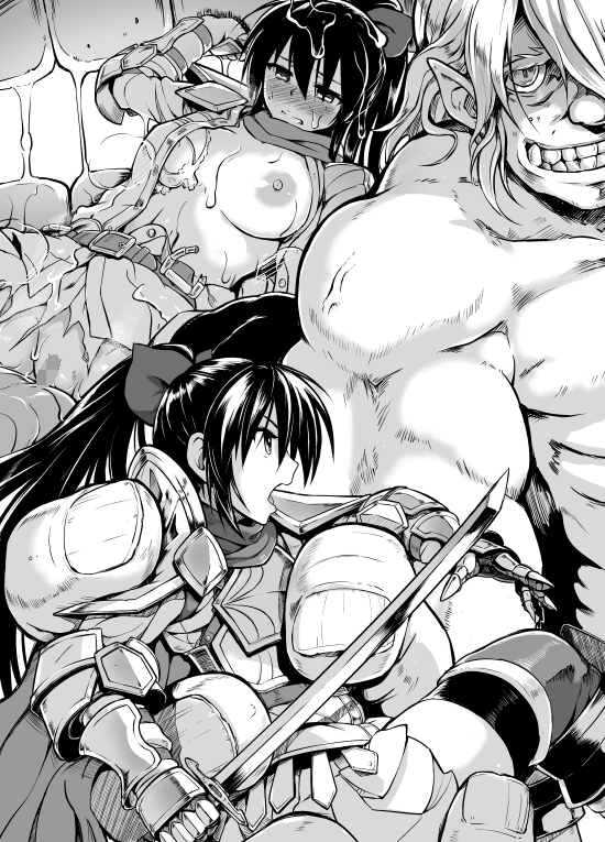 armor belt bow breasts greyscale hair_bow large_breasts monochrome nipples open_mouth orc original pointy_ears ponytail sword torn_clothes weapon yuugiri
