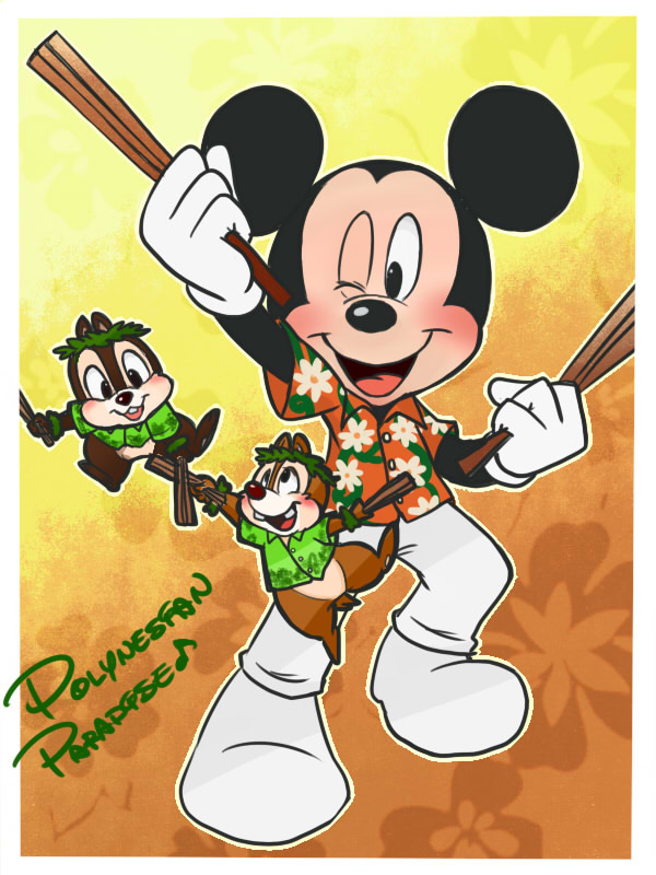 2012 4_fingers black_eyes black_nose blush bottomless brown_fur chico110 chip_'n_dale_rescue_rangers chip_(cdrr) chipmunk clothed clothing dale_(cdrr) digital_media_(artwork) disney english_text fur gloves group hawaiian_shirt headband holding_object mammal mickey_mouse mouse musical_note one_eye_closed open_mouth open_smile pants red_nose rodent round_ears shirt simple_background size_difference small_tail smile text textured_background white_background white_gloves wink