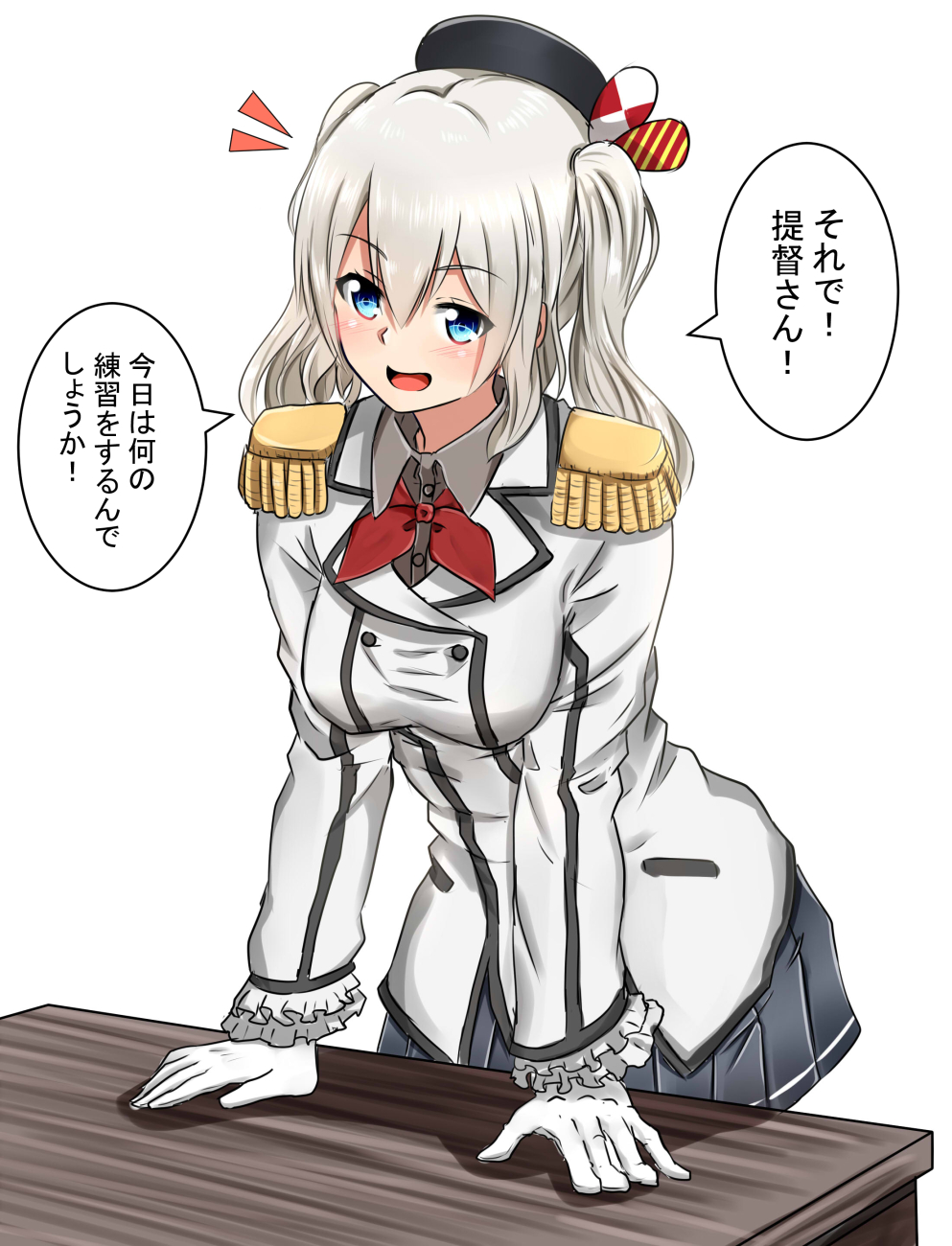 baretto_(karasi07) beret blue_eyes blush bow collared_shirt gloves hat highres kantai_collection kashima_(kantai_collection) leaning_on_object military_jacket necktie open_mouth shirt silver_hair skirt smile solo table translation_request twintails