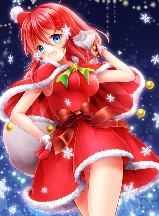 1girl blue_eyes breasts capelet christmas dress gloves hair_ornament hat looking_at_viewer medium_breasts open_mouth red_hair ribbon rose_(tales) santa_costume smile solo tales_of_(series) tales_of_zestiria