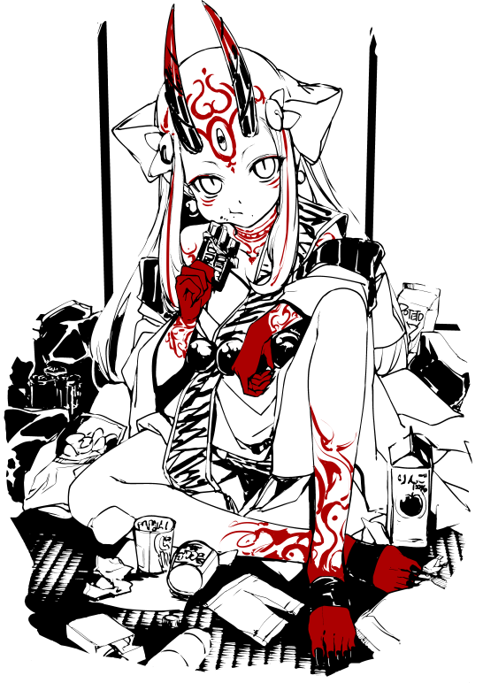 banned_artist chocolate eating fate/grand_order fate_(series) horns ibaraki_douji_(fate/grand_order) long_hair looking_at_viewer messy_room oni_horns partially_colored s_tanly sitting solo tattoo