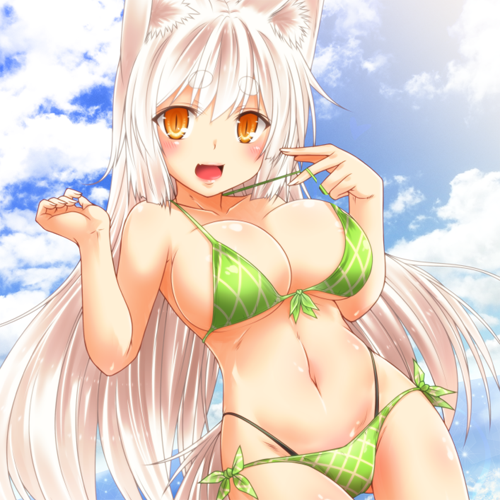 :d animal_ear_fluff animal_ears ass_visible_through_thighs bangs bikini blue_sky blush breasts cleavage cloud collarbone cowboy_shot day dutch_angle eyebrows eyebrows_visible_through_hair fang fox_ears front-tie_bikini front-tie_top green_bikini green_ribbon hands_up kohaku_(yua) large_breasts long_hair looking_at_viewer lowres open_mouth original pulled_by_self ribbon shiny shiny_hair side-tie_bikini sky slit_pupils smile solo standing straight_hair strap_pull swimsuit tail thick_eyebrows thigh_gap very_long_hair wolf_ears wolf_tail yua_(checkmate)