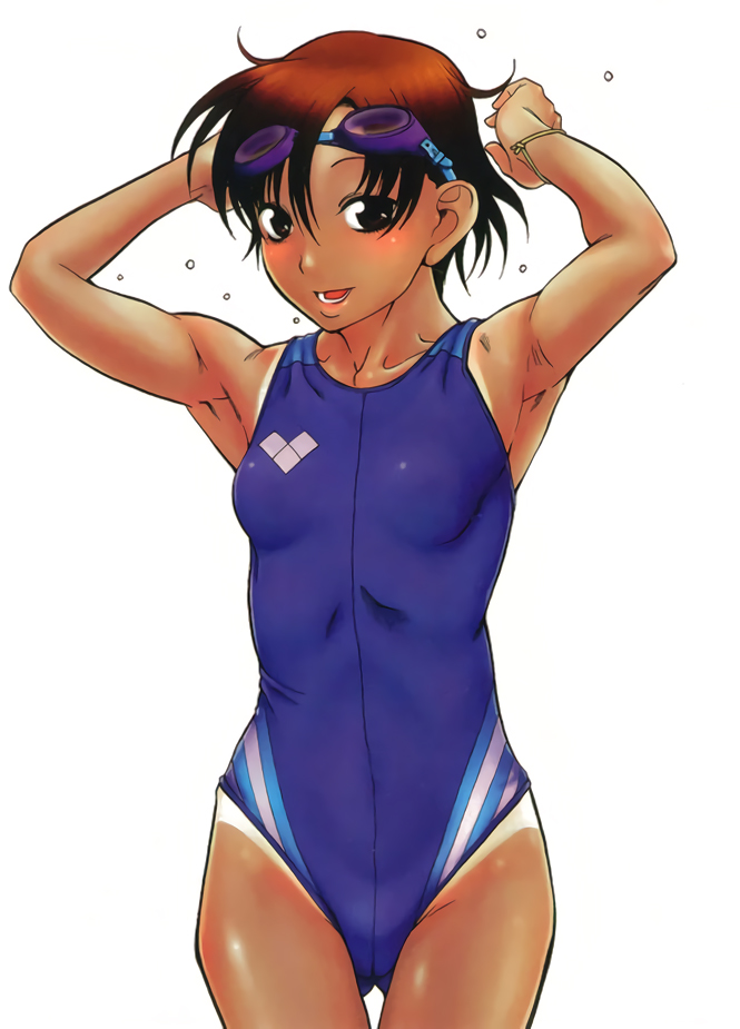 amazume_ryuuta armpits ass_visible_through_thighs black_eyes blue_swimsuit brown_hair competition_swimsuit cowboy_shot dark_skin goggles goggles_on_head looking_at_viewer nana_to_kaoru official_art one-piece_swimsuit short_hair simple_background solo swimsuit tachi_ryouko tan tanline white_background