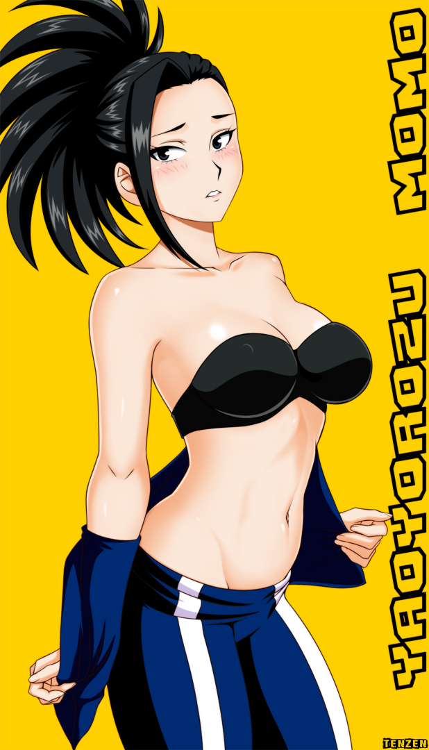 bare_shoulders black_bra black_hair blush boku_no_hero_academia bra breasts character_name cleavage collarbone covered_nipples large_breasts looking_at_viewer navel pants ponytail solo stomach strapless strapless_bra tenzen_(netspike) track_pants underwear undressing yaoyorozu_momo