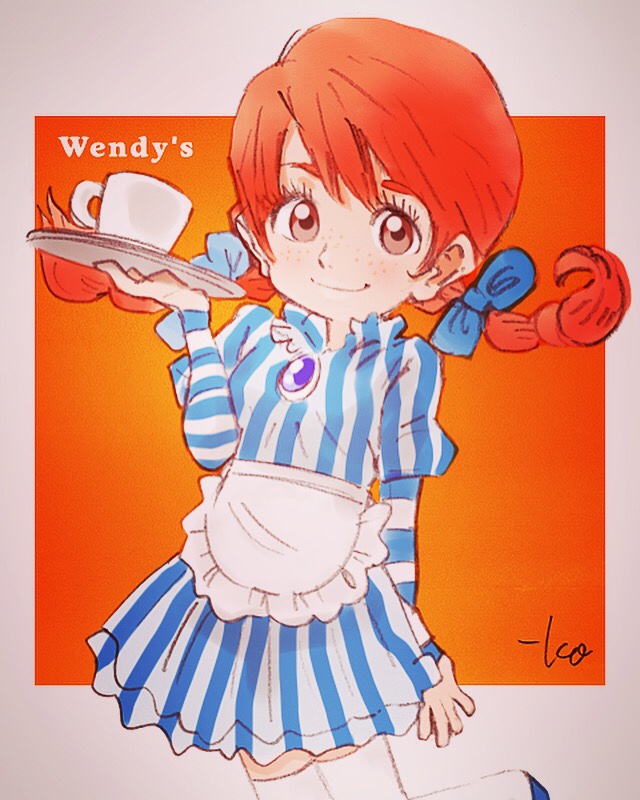 apron blue_bow bow brown_eyes coffee_mug copyright_name cup dress freckles hair_bow juliet_sleeves long_hair long_sleeves low_twintails mug puffy_sleeves red_hair signature smile solo standing standing_on_one_leg striped striped_dress takeuchi_kou thighhighs tray twintails vertical_stripes waist_apron wendy's wendy_(wendy's) white_legwear