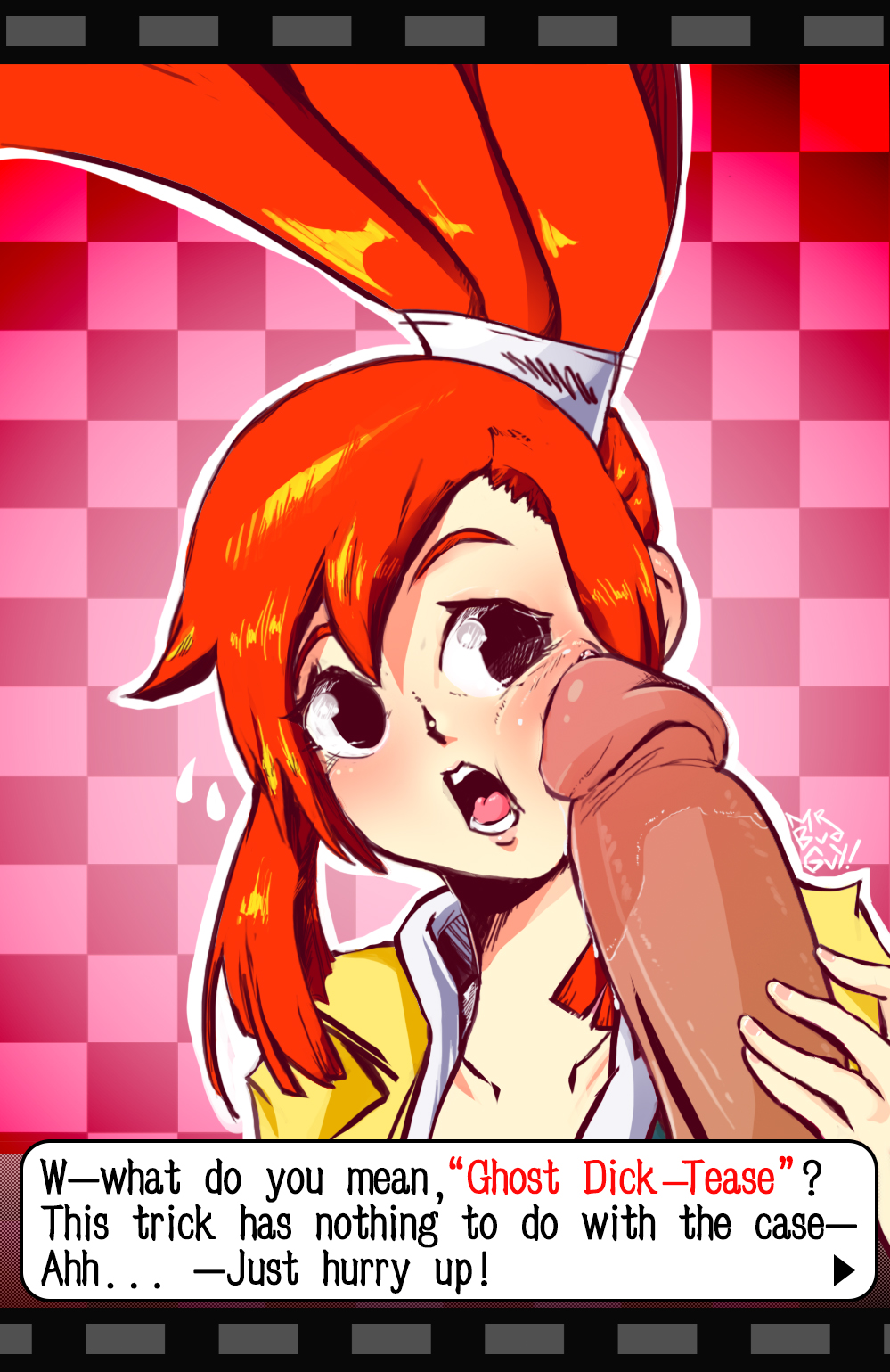 1boy 1girl before_sex big_cock black_eyes blush cock_tease ghost_trick lynne mrbudguy orange_hair red_hair text