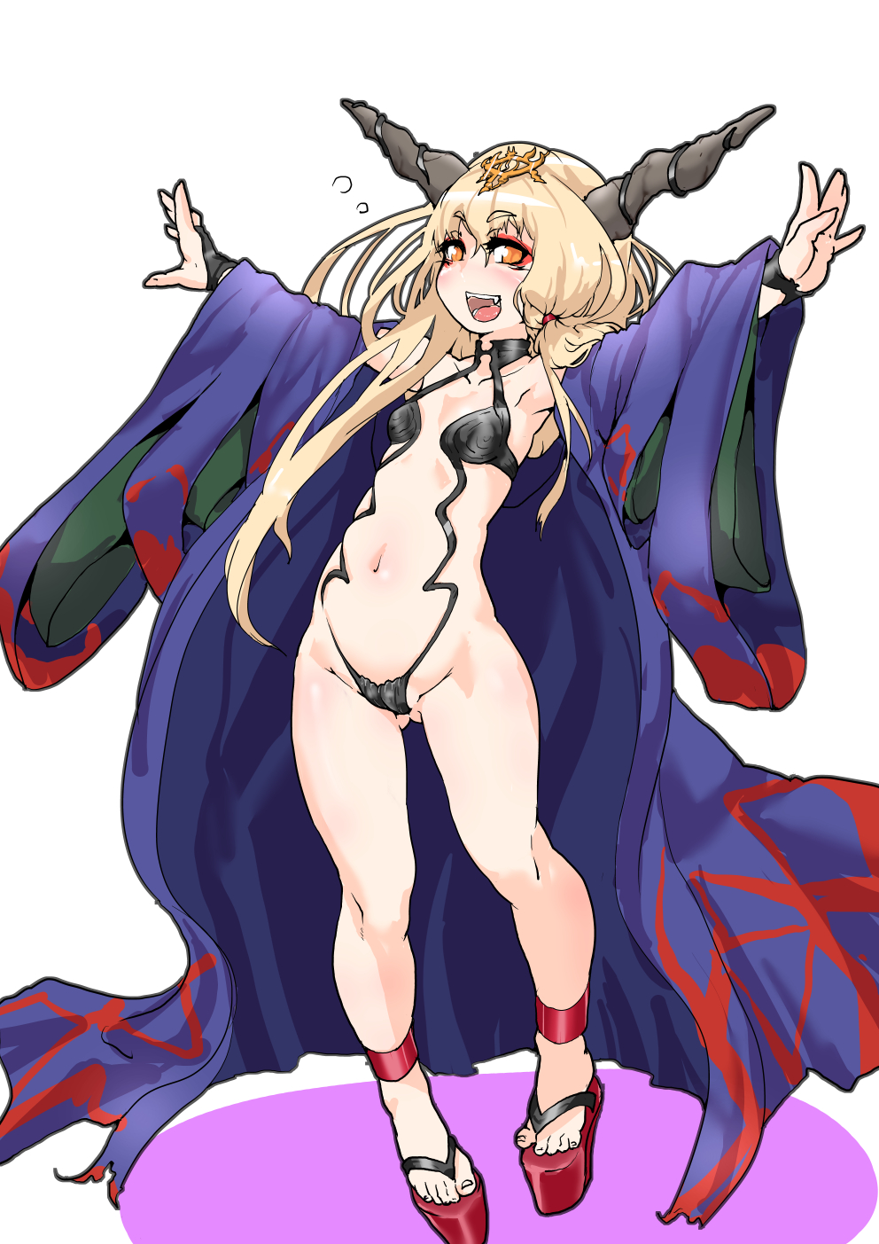 blonde_hair breasts cosplay fangs fate/grand_order fate_(series) full_body hair_ornament highres horns ibuki_suika japanese_clothes kimono long_hair looking_at_viewer mersoleil03 navel open_clothes open_kimono open_mouth orange_eyes outstretched_arms revealing_clothes sandals shuten_douji_(fate/grand_order) shuten_douji_(fate/grand_order)_(cosplay) simple_background small_breasts smile solo standing teeth tongue touhou trait_connection white_background wide_sleeves