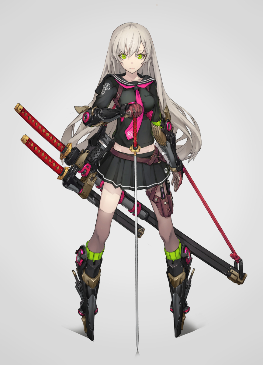 armor armored_boots black_serafuku boots breasts closed_mouth commentary_request expressionless gloves green_eyes grey_hair hand_up hands_on_hilt highres holster katana knife long_hair long_sleeves medium_breasts mismatched_legwear neco original planted_sword planted_weapon revision school_uniform science_fiction serafuku sheath sheathed single_thighhigh solo sword thigh_holster thighhighs very_long_hair wakizashi weapon