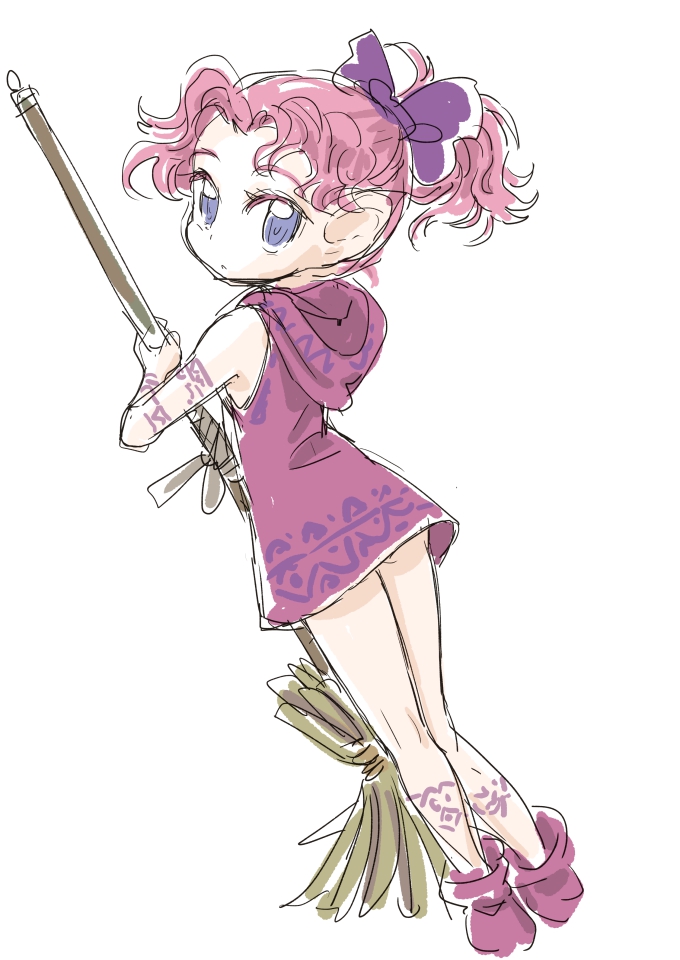 1girl back bare_arms bare_legs bare_shoulders bow broom character_request colored_eyelashes commentary_request curly_hair dutch_angle eye_color_request eyelashes forehead from_behind full_body holding holding_broom hood hood_down kneepits legend_of_mana long_legs looking_at_viewer looking_back pink_hair purple_bow s-a-murai seiken_densetsu simple_background sketch solo standing white_background widow's_peak widow's_peak