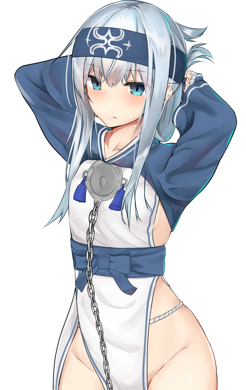 ainu_clothes alternate_breast_size alternate_costume alternate_hairstyle blue_eyes breasts chain cosplay folded_ponytail groin headband hibiki_(kantai_collection) highres ikashun kamoi_(kantai_collection) kamoi_(kantai_collection)_(cosplay) kantai_collection long_hair long_sleeves looking_at_viewer sideboob small_breasts solo tying_hair verniy_(kantai_collection)