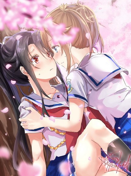 2girls black_hair blue_eyes blush brown_hair cherry_blossoms face-to-face gleision_adain hand_on_another's_shoulder high_school_fleet looking_at_another misaki_akeno multiple_girls munetani_mashiro ponytail red_eyes school_uniform thighs twintails yuri