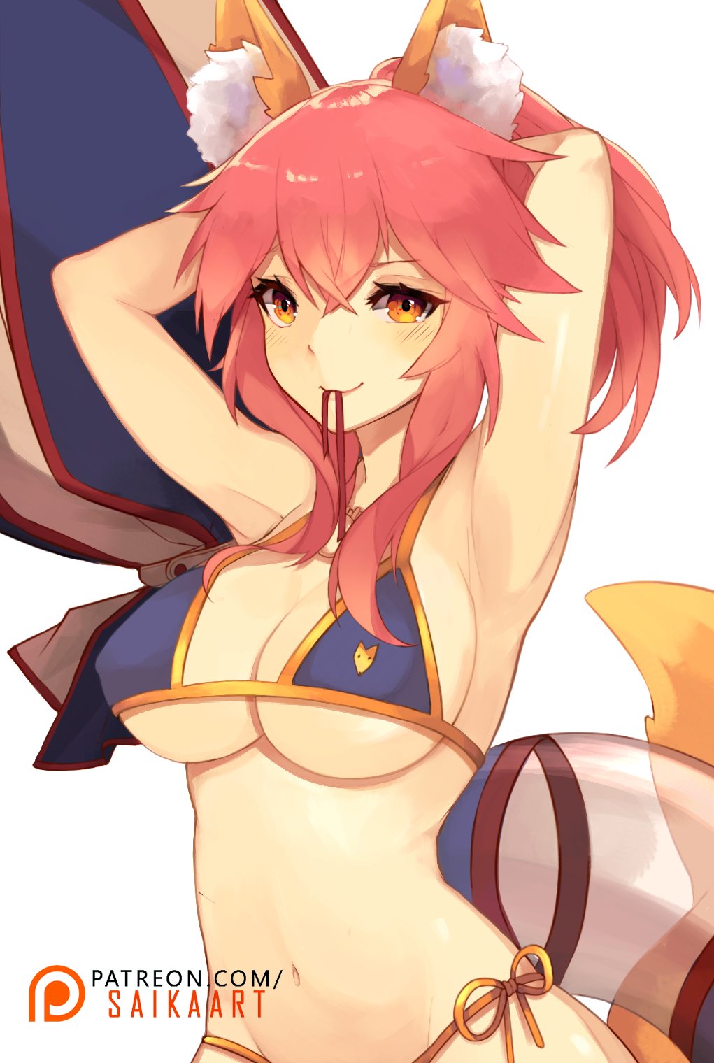 animal_ears bad_id bad_pixiv_id bikini blue_bikini blush breasts cleavage fate/grand_order fate_(series) fox_ears fox_tail highres large_breasts long_hair looking_at_viewer navel pink_hair saika_(saika_nyan) simple_background solo swimsuit tail tamamo_(fate)_(all) tamamo_no_mae_(fate) tamamo_no_mae_(swimsuit_lancer)_(fate) white_background yellow_eyes