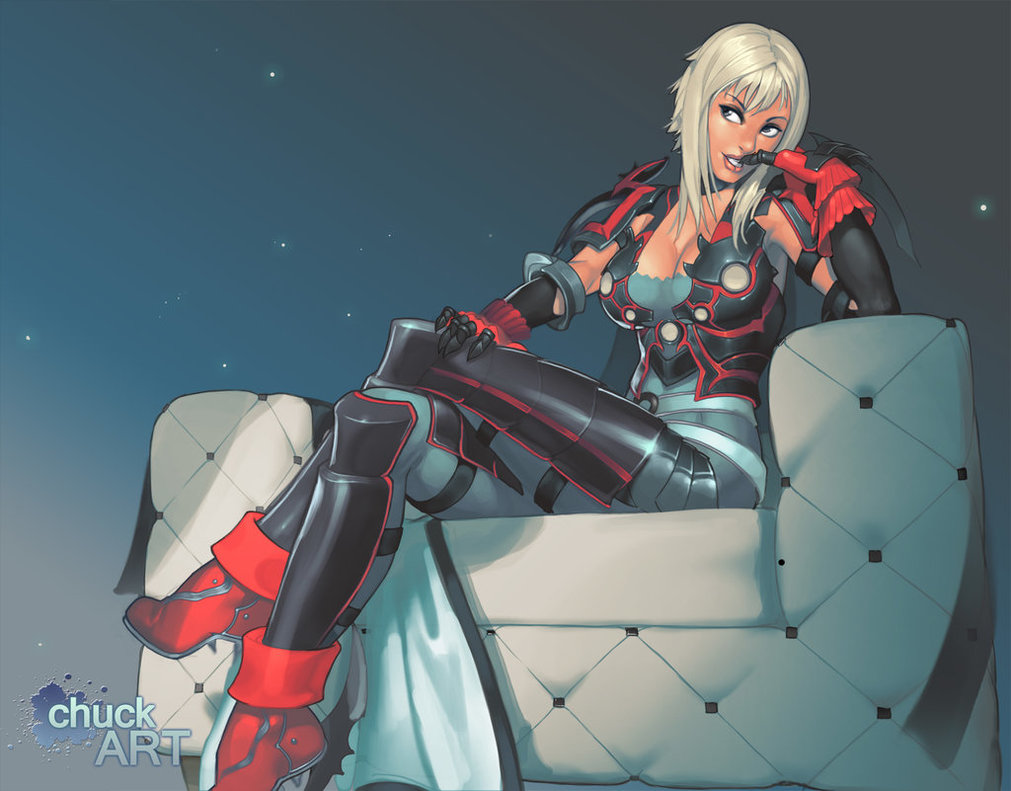 aranea_highwind armor blonde_hair breasts chuck_pires cleavage couch crossed_legs final_fantasy final_fantasy_xv finger_to_mouth gloves high_heels large_breasts sitting smile solo