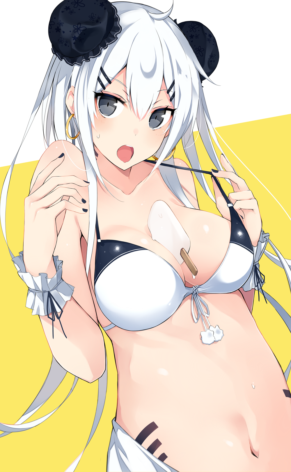 :o ahoge bare_arms bare_shoulders between_breasts bikini_top black_eyes black_nails black_ribbon blush breasts bun_cover collarbone commentary_request double_bun earrings embarrassed food food_on_body front-tie_bikini front-tie_top hair_between_eyes hair_ornament hairclip highres hoop_earrings jewelry kurebayashi_noe long_hair looking_at_viewer medium_breasts melting nail_polish navel open_mouth original pom_pom_(clothes) popsicle pulled_by_self revision ribbon sarong solo stomach strap_pull sweat tsurime two-tone_background upper_body very_long_hair white_hair wrist_cuffs yellow_background