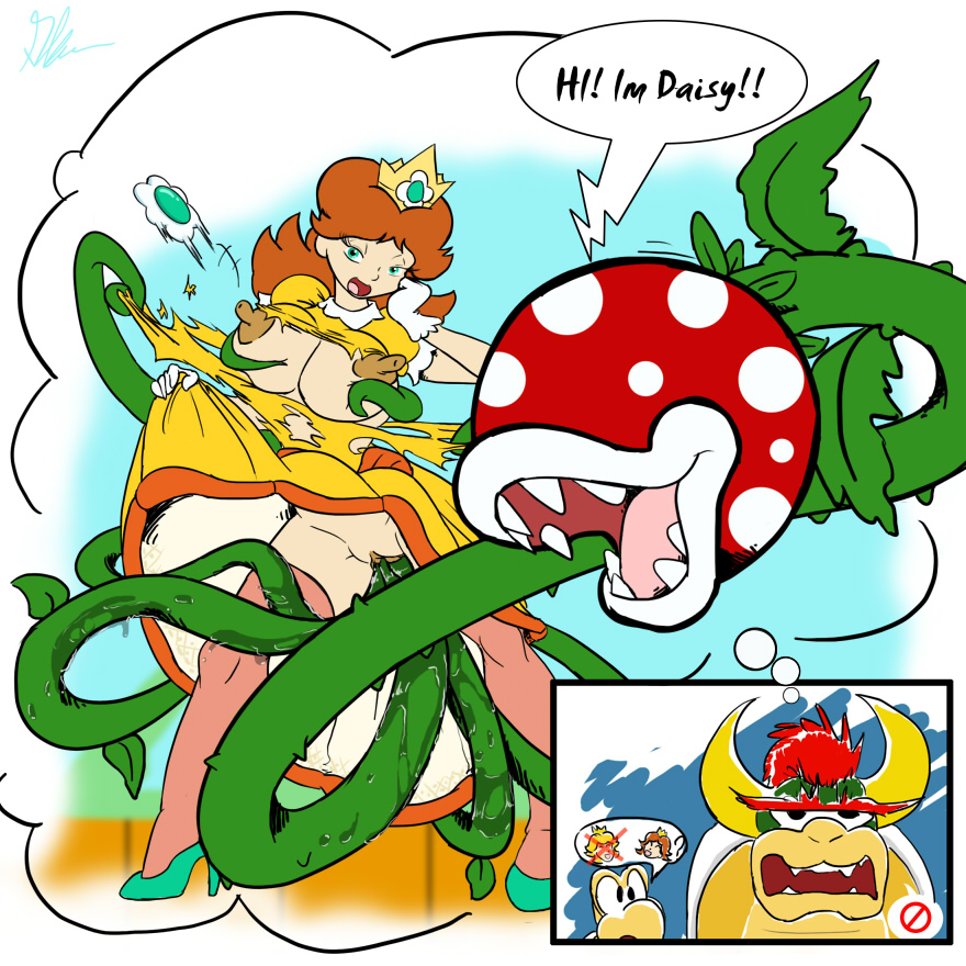 bowser breasts check clitoris clothing crown daydream dialog dress english_text erect_nipples female flora_fauna glenn hair hi_i'm_daisy high_heels horn koopa koopa_troopa leaves lilglenndoggy mario_bros nintendo nipples octopussoir parody piranha_plant princess princess_clara princess_daisy princess_peach pussy pussy_juice red_hair reptile royalty scalie scared sharp_teeth standing super_mario_bros. teeth tentacles text torn_clothing video_games vine watching what