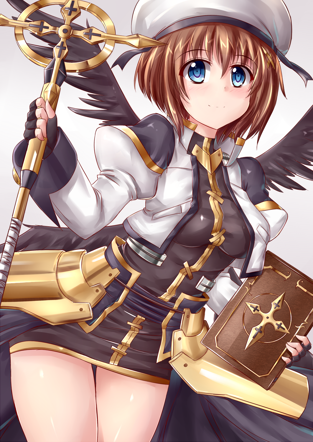 armor blue_eyes blush brown_hair chonkoo cropped_jacket fingerless_gloves gloves hair_ornament hat highres holding jacket long_sleeves lyrical_nanoha magical_girl mahou_shoujo_lyrical_nanoha mahou_shoujo_lyrical_nanoha_strikers open_clothes open_jacket puffy_sleeves schwertkreuz skirt smile solo staff tome_of_the_night_sky waist_cape wings x_hair_ornament yagami_hayate