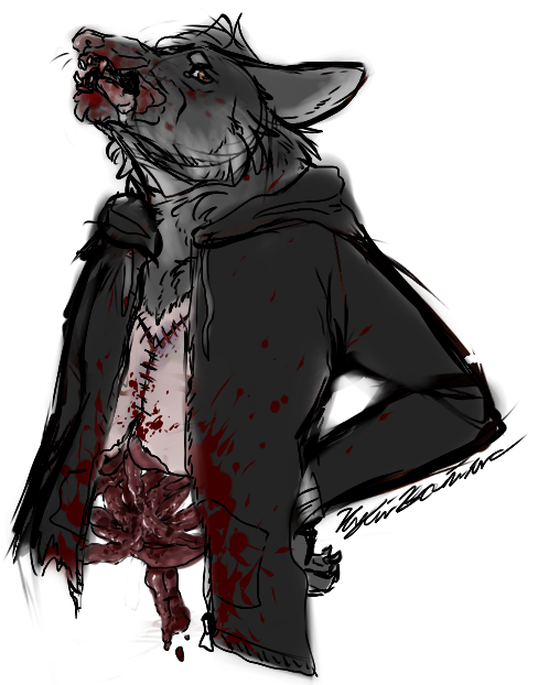 autopsy black_fur black_nose blood canine clothing cut_in_half drooling fur gore guts intestines jacket mammal palro saliva solo stitches undead whiskers wolf