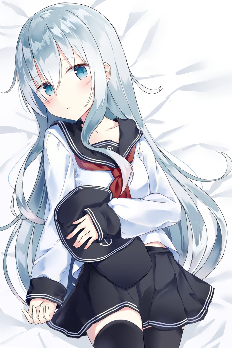 bed_sheet black_hat black_legwear black_sailor_collar black_skirt blue_eyes collarbone flat_cap hair_between_eyes hat hat_removed headwear_removed hibiki_(kantai_collection) highres kantai_collection long_hair long_sleeves neckerchief pleated_skirt red_neckwear sailor_collar school_uniform serafuku shikuro_(iorimiyakiyo) silver_hair skirt solo thighhighs