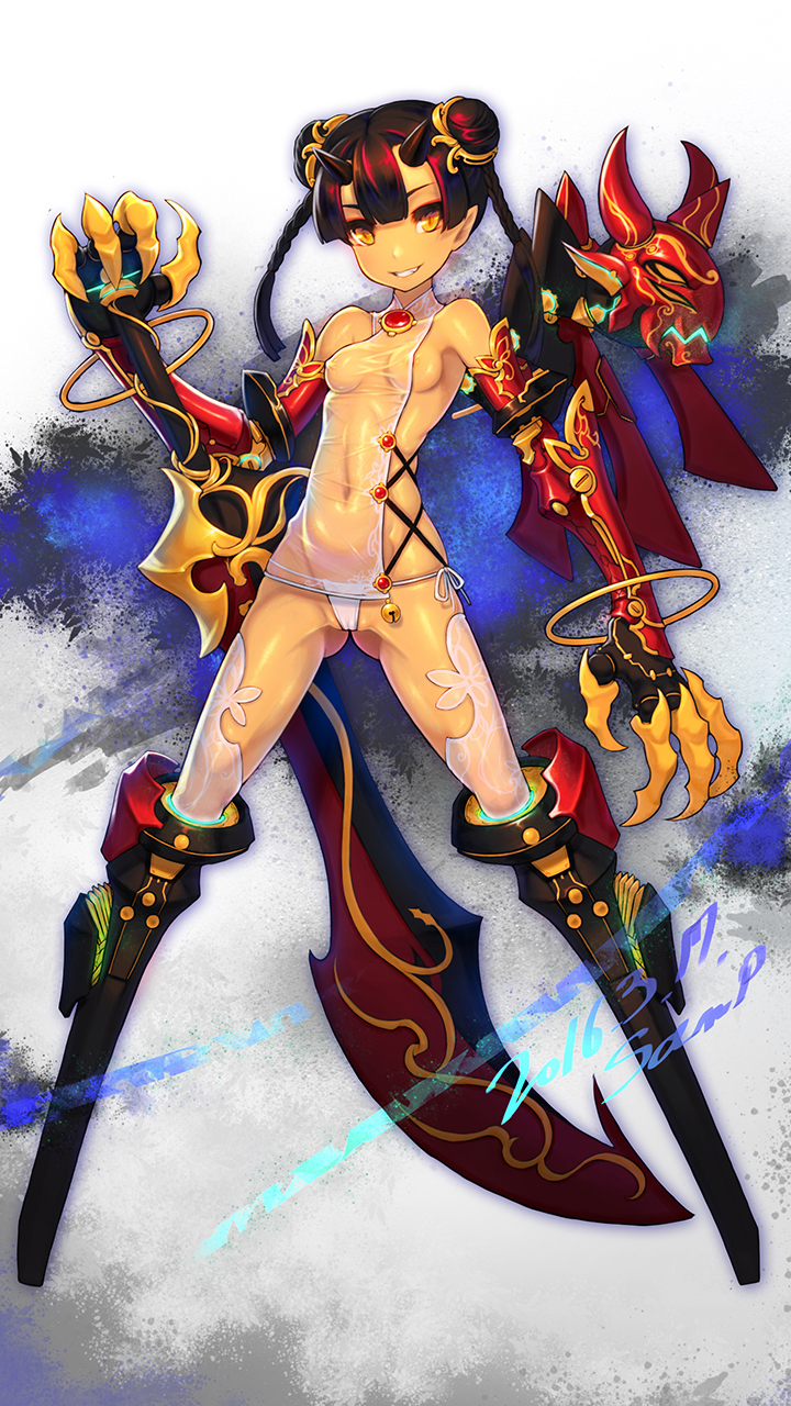 black_hair braid breasts claws dated double_bun ecell grin hair_ornament highres horns oni original panties pointy_ears revealing_clothes side-tie_panties signature small_breasts smile solo sword underwear weapon yellow_eyes