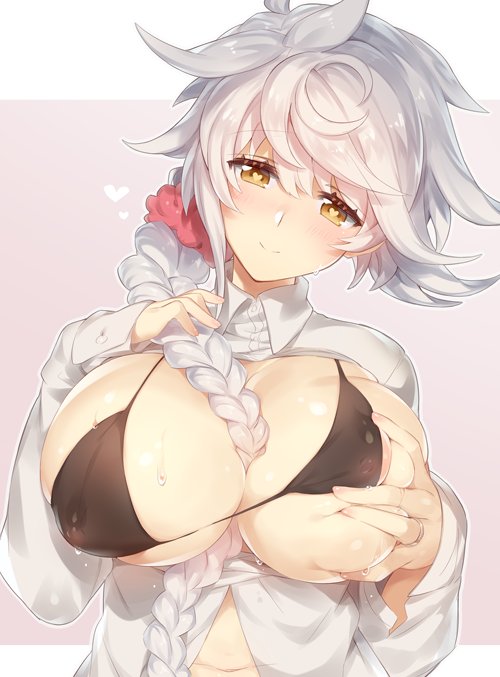 alternate_costume areola_slip areolae asymmetrical_hair between_breasts bikini bikini_top black_bikini_top blush braid breasts covered_nipples deep_skin hair_between_eyes head_tilt heart heart-shaped_pupils jewelry jitome kantai_collection large_breasts light_smile long_hair looking_at_viewer micro_bikini puffy_nipples ring scrunchie self_fondle shiny shiny_clothes shiny_skin silver_hair simple_background sleeves_past_wrists smile solo sweat swimsuit symbol-shaped_pupils unbuttoned unryuu_(kantai_collection) upper_body very_long_hair wedding_band yamaarashi yellow_eyes