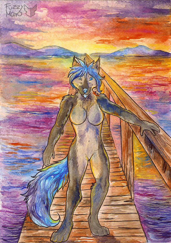 anthro breasts canine featureless_breasts featureless_crotch female fuzzymaro mammal outside sea sunset traditional_media_(artwork) water watercolor_(artwork) wolf