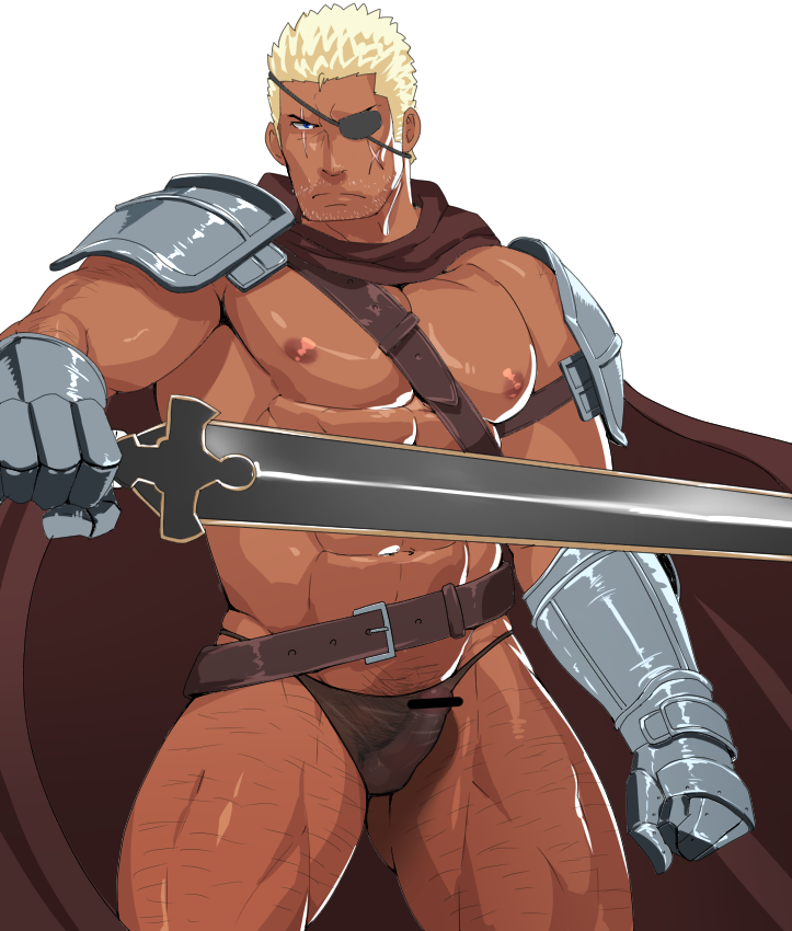 1boy abs armor bara body_hair cape eyepath facial_hair looking_at_viewer male_focus muscle pecs penis sakuramaru123 scat solo sword weapon