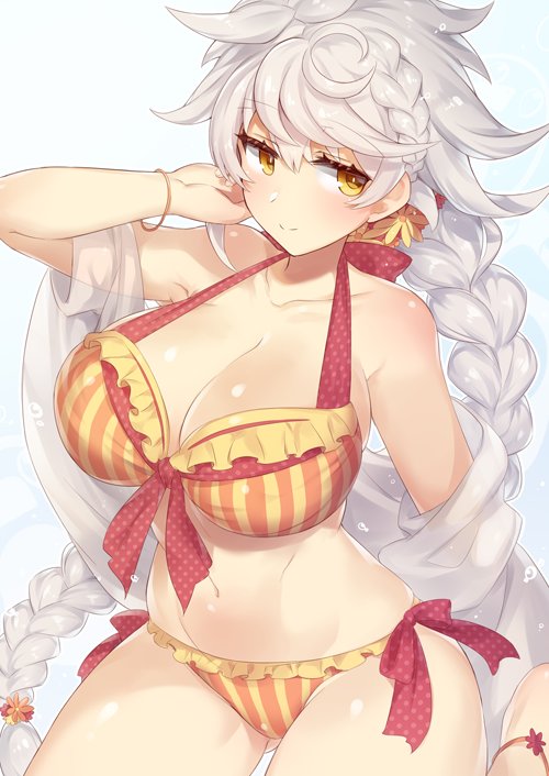 alternate_costume alternate_hairstyle armpits arms_behind_head ass_visible_through_thighs asymmetrical_hair bare_legs barefoot bikini blouse braid breasts casual collarbone cowboy_shot front-tie_top hair_between_eyes halterneck jitome kantai_collection large_breasts light_smile long_hair looking_at_viewer navel open_blouse open_clothes silver_hair sitting solo stomach striped striped_bikini swimsuit thighs twin_braids unryuu_(kantai_collection) very_long_hair yamaarashi yellow_eyes
