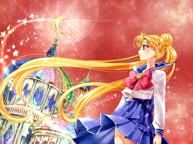 bishoujo_senshi_sailor_moon blonde_hair blue_sailor_collar blue_skirt bow brooch castle cowboy_shot crescent derivative_work double_bun jewelry juuban_middle_school_uniform long_hair looking_away pleated_skirt red_background red_bow sailor_collar screencap_redraw shirataki_kaiseki shirt signature skirt solo tsukino_usagi twintails white_shirt