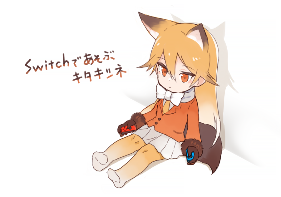 :| animal_ears blazer blonde_hair bow brown_gloves brown_hair character_name chibi closed_mouth controller dot_nose expressionless extra_ears eyebrows_visible_through_hair ezo_red_fox_(kemono_friends) fox_ears fox_tail full_body fur-trimmed_sleeves fur_trim game_controller gloves gradient_hair gradient_legwear hair_between_eyes holding jacket kemono_friends long_hair long_sleeves looking_away multicolored multicolored_clothes multicolored_hair multicolored_legwear necktie nintendo_switch no_shoes orange_eyes orange_jacket pantyhose playing_games pleated_skirt sasakure_sasaru scarf shadow sitting skirt solo tail tsurime two-tone_legwear white_background white_bow white_hair white_scarf white_skirt yellow_neckwear