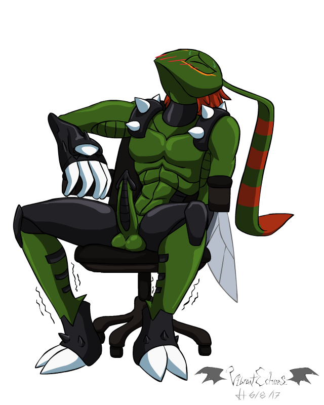 alpha_channel antennae anthro armor arthropod balls blush chair claws clothing digimon erection eyes_closed gauntlets gloves green_skin hair humanoid insect insect_wings muscular penis red_hair shaking simple_background sitting spikes spread_legs spreading stingmon sweat vibrantechoes wings