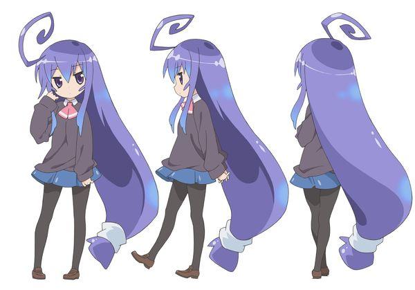 absurdly_long_hair acchi_kocchi ahoge artist_request ascot blue_hair eyebrows_visible_through_hair full_body jpeg_artifacts long_hair long_sleeves low-tied_long_hair miniwa_tsumiki multiple_views pantyhose shoes skirt standing sweater very_long_hair white_background