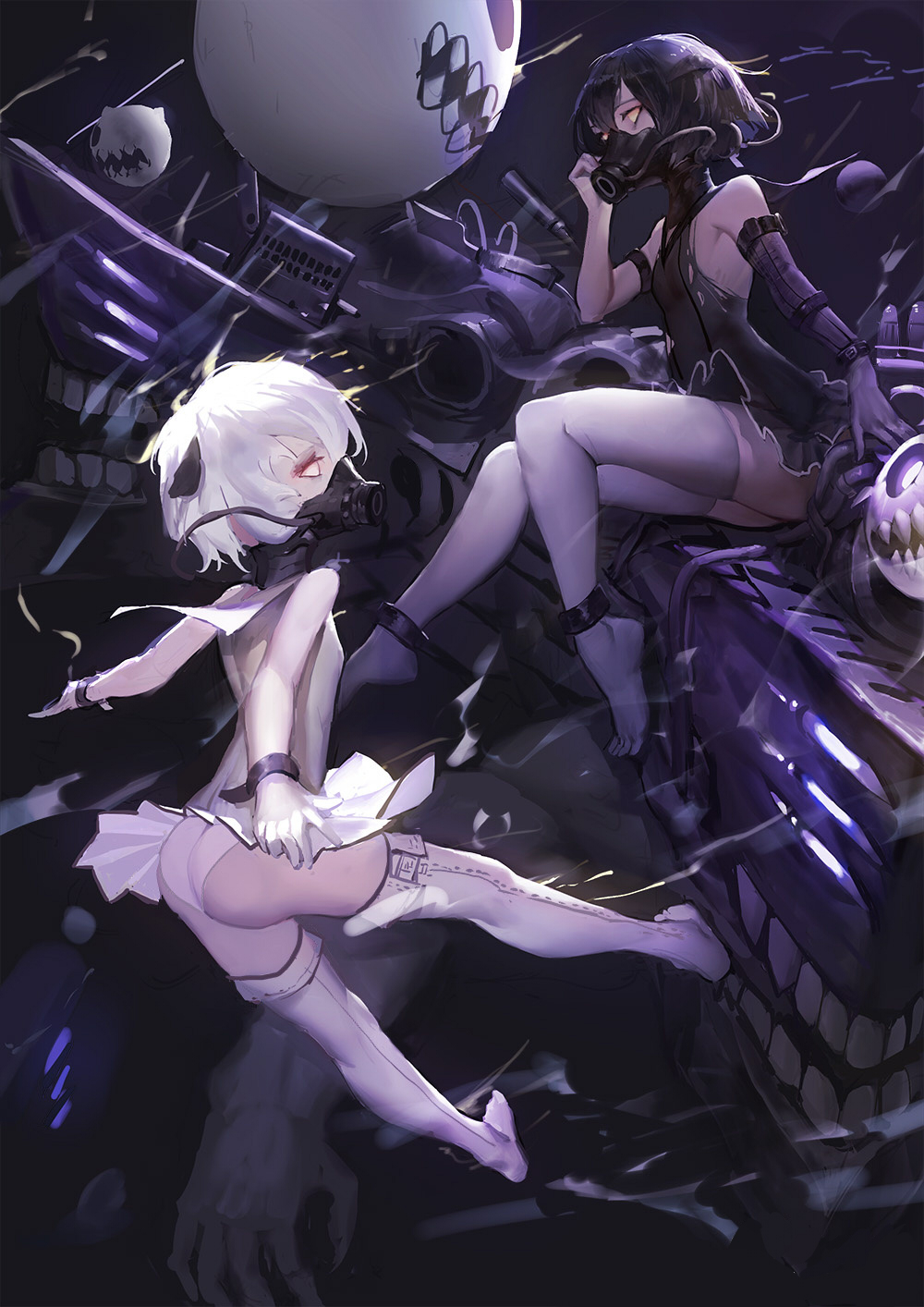 abyssal_twin_hime_(black) abyssal_twin_hime_(white) anklet arm_at_side arm_strap armlet ass bangs black_dress black_hair breasts dress elbow_gloves flat_chest gloves glowing glowing_eyes gods_(1073337800) hair_between_eyes hand_to_head headgear highres jewelry kantai_collection looking_at_viewer machinery medium_breasts multiple_girls no_pupils oxygen_mask panties pantyshot pantyshot_(standing) shinkaisei-kan short_dress short_hair single_elbow_glove sitting sleeveless sleeveless_dress standing thighhighs underwear upskirt weapon white_hair white_legwear white_panties yellow_eyes