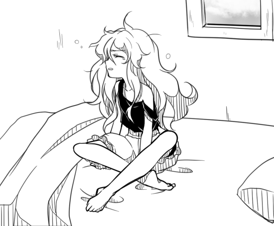 arm_support barefoot bed blanket bloomers camisole closed_eyes commentary_request dairi greyscale indian_style indoors kirisame_marisa long_hair messy_hair monochrome off_shoulder parted_lips pillow sitting sleepy slovenly solo touhou underwear waking_up wavy_hair window