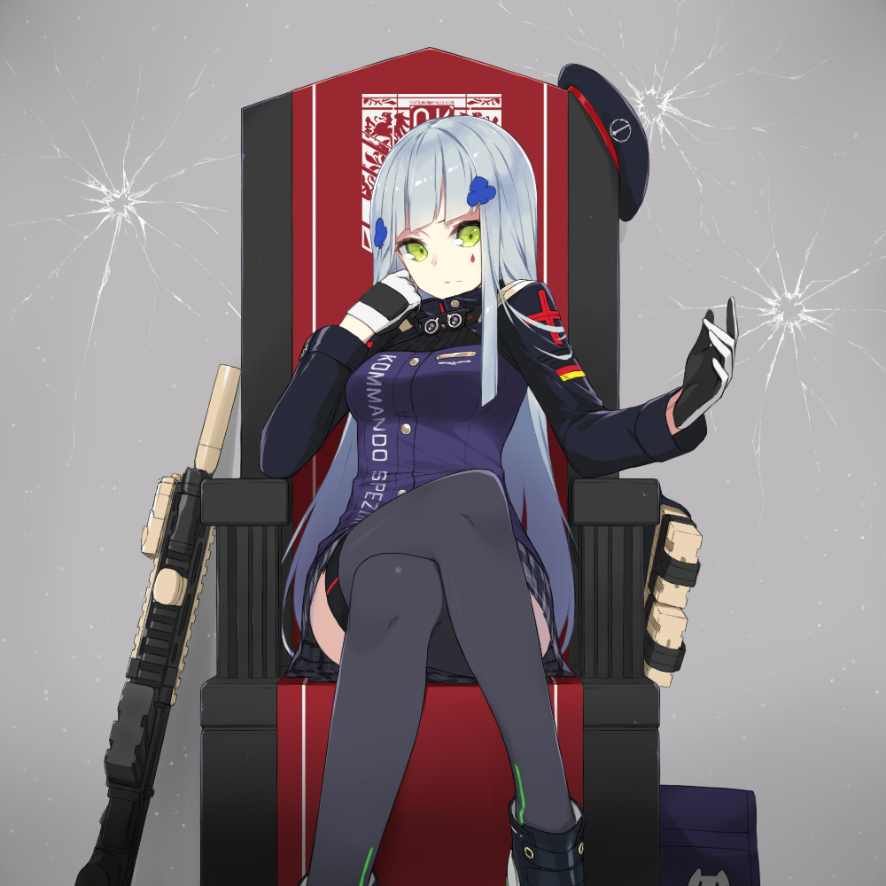 ankle_boots assault_rifle bag bangs black_footwear black_hat blue_hair blunt_bangs boots breasts closed_mouth clothes_writing commentary crack cross crossed_legs expressionless facepaint fhang german_flag girls_frontline green_eyes grey_skirt gun hand_on_own_cheek hat hat_removed headwear_removed heckler_&amp;_koch hk416 hk416_(girls_frontline) long_hair long_sleeves looking_at_viewer medium_breasts miniskirt plaid plaid_skirt rifle sitting skirt solo thighhighs throne uniform very_long_hair weapon zettai_ryouiki