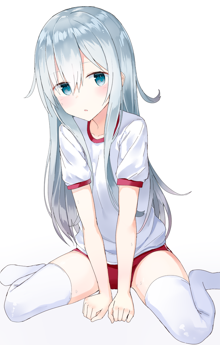 1girl :o alternate_costume between_legs blue_eyes blush buruma collarbone eyebrows_visible_through_hair gym_uniform hair_between_eyes hand_between_legs hibiki_(kantai_collection) highres kantai_collection legs_apart long_hair looking_at_viewer no_shoes parted_lips shikuro_(iorimiyakiyo) shirt short_sleeves silver_hair simple_background sitting solo straight_hair sweat tareme v_arms very_long_hair wariza white_background white_shirt