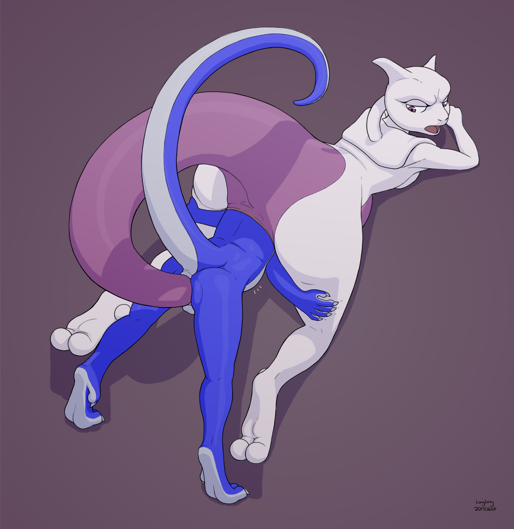 2017 all_fours anal anal_penetration anal_vore anthro anus ass_up balls belly big_belly butt cat digital_media_(artwork) dragon duo feline feral firon legendary_pok&eacute;mon longlevy looking_back mammal mewtwo nintendo nude penetration pok&eacute;mon shaded simple_background video_games vore