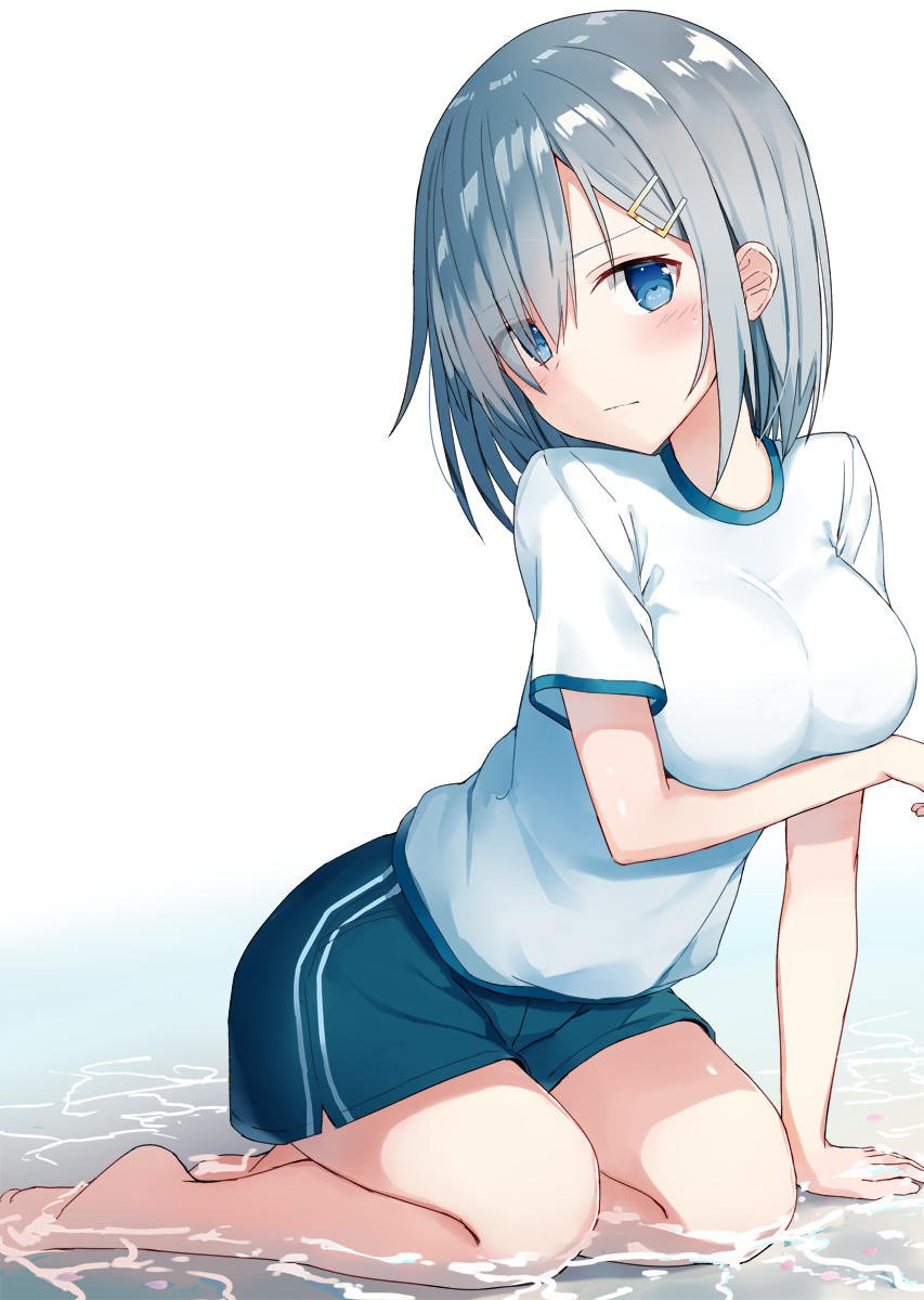 1girl alternate_costume arm_support bare_legs barefoot black_shorts blue_eyes breast_hold breasts closed_mouth embarrassed gym_shorts gym_uniform hair_ornament hair_over_one_eye hairclip hamakaze_(kantai_collection) head_tilt highres kantai_collection kneeling medium_breasts shikuro_(iorimiyakiyo) shiny shiny_hair shirt short_hair shorts silver_hair simple_background solo sweat tareme water white_background white_shirt