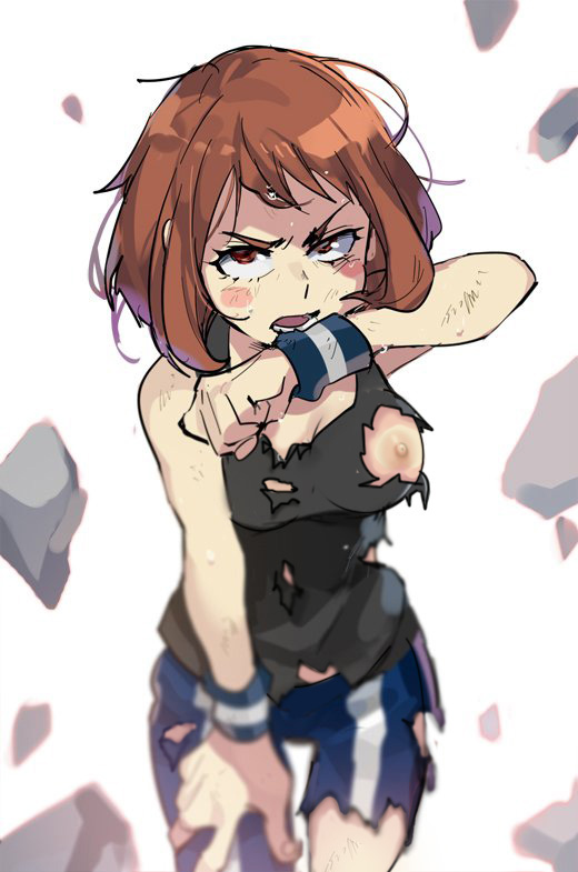 1girl areolae bare_shoulders blush_stickers boku_no_hero_academia breasts brown_eyes brown_hair commentary_request debris eyebrows frown injury jinno_(megacake) looking_at_viewer medium_breasts nekomate14 nipples no_bra one_breast_out pants short_hair simple_background solo sweat tank_top torn_clothes track_pants uraraka_ochako white_background wiping_face wristband