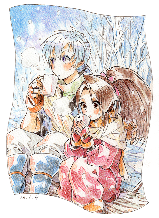 1boy 1girl blue_hair blush boots brown_eyes brown_hair character_request fingerless_gloves gloves hair_ornament open_mouth pants pointy_ears ponytail purple_eyes scarf shoes suzu_fujibayashi tales_of_(series) tales_of_phantasia