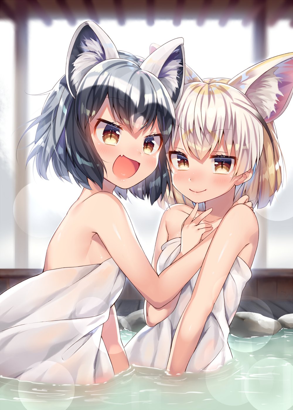 :d animal_ears backlighting bangs bare_arms bare_shoulders black_hair blonde_hair blush breasts brown_eyes closed_mouth common_raccoon_(kemono_friends) eyebrows_visible_through_hair fang fennec_(kemono_friends) fox_ears grey_hair hand_on_another's_chest hand_on_another's_shoulder highres kemono_friends lens_flare looking_at_viewer multicolored_hair multiple_girls naked_towel ntk_(7t5) onsen open_mouth partially_submerged pink_hair raccoon_ears rock shiny shiny_skin short_hair sideboob slit_pupils small_breasts smile streaked_hair towel water white_hair